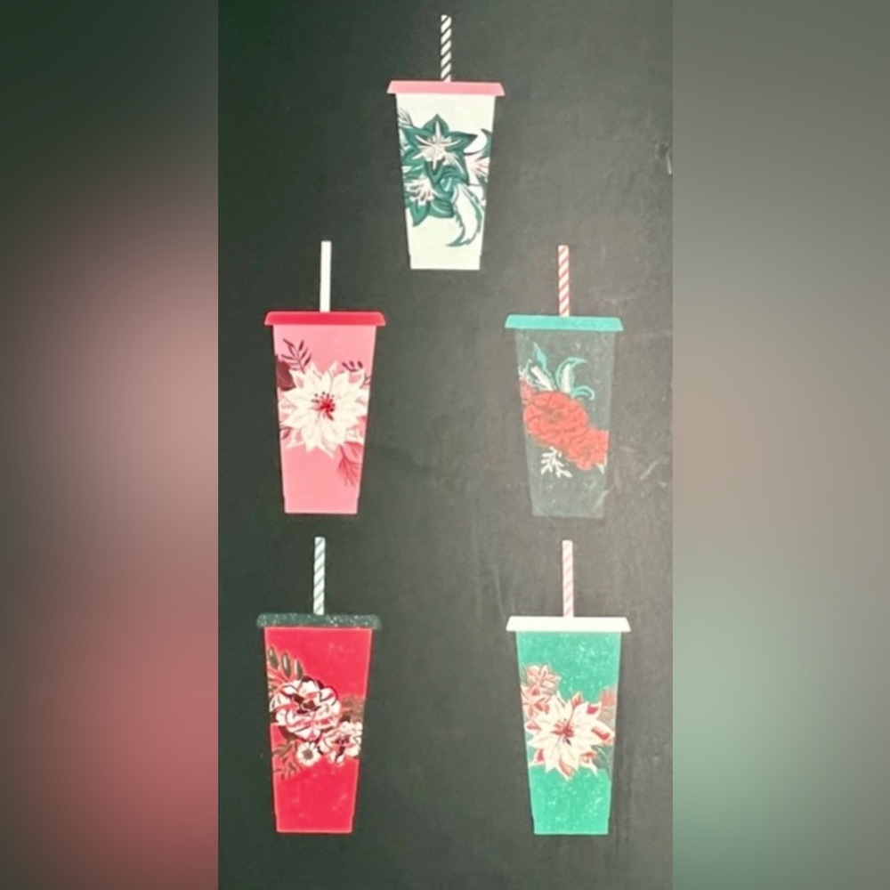 𝅺Starbucks 5 Lt.Edition Glitter Holiday Floral Reusable 24oz Cold Cups Coffee - Picture 8 of 8